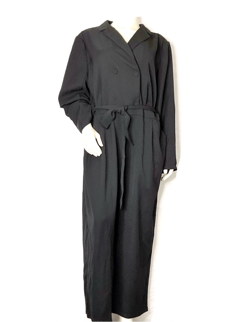 Women's Black Double-Breasted Long-Sleeve Belted Jumpsuit